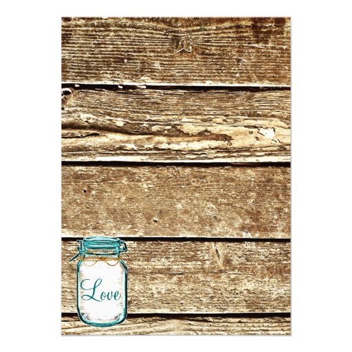 Teal Mason Jar Wood Rustic Wedding Invitations