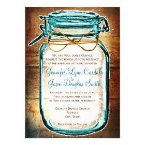 Teal Mason Jar Wood Rustic Wedding Invitations Announcements