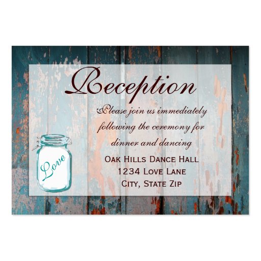 Teal Mason Jar Wood Wedding Reception Cards Business Card Template (front side)