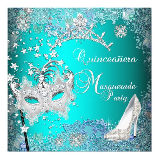 Teal Masquerade Quinceanera 15th Party Tiara Shoe Custom Invites