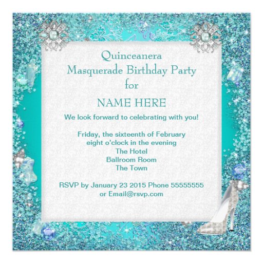 Teal Masquerade Quinceanera 15th Party Tiara Shoe Custom Invites