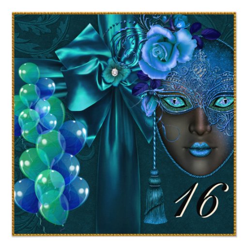 Teal Masquerade Venetian Mask Sweet 16 Invitation