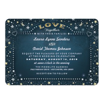 Teal Moon Stars Together With & Reception Info 5x7 Paper Invitation Card by juliea2010 at Zazzle
