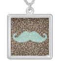 Teal Mustache on Animal Print Necklace