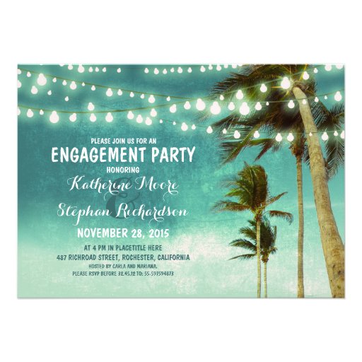 teal ombre beach engagement party string lights announcements (front side)