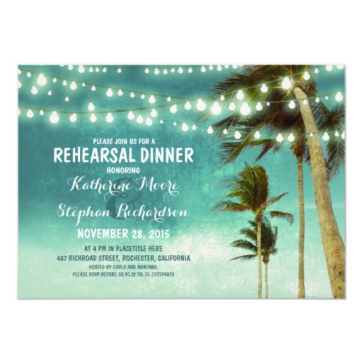 teal ombre beach rehearsal dinner string lights custom announcement (front side)