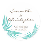 Teal palm leaves tropic wedding favor seal label round sticker