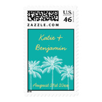 Teal palm trees summer wedding chic save the date stamps