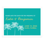 Teal palm trees summer wedding chic save the date post card