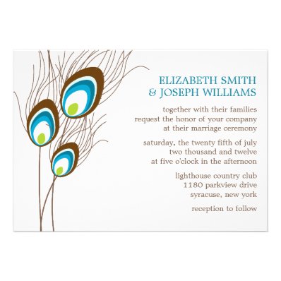 Teal Peacock Feathers Wedding Announcement