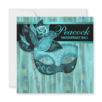 Teal Peacock Teal Blue Black Masquerade Party Custom Invitations