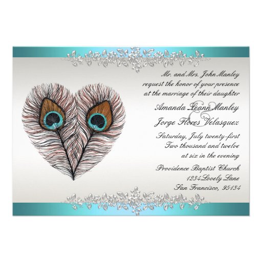 Teal Peacock Wedding Invitation (front side)