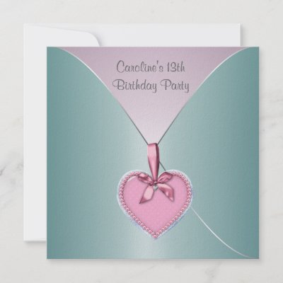 Elegant teal blue silver and pink heart thirteenth birthday party invitation