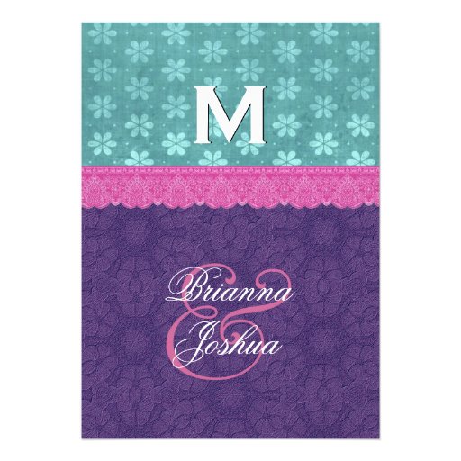 Teal, Pink and Purple Lace Wedding Monogram G500D Announcement
