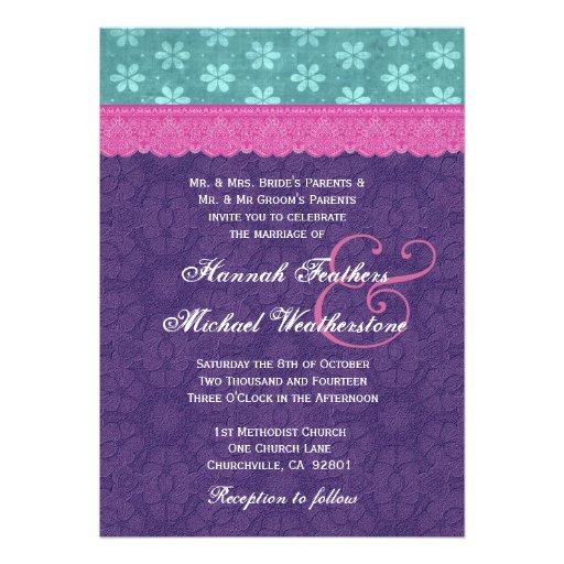 Teal, Pink and Purple Lace Wedding Monogram G500D Announcement