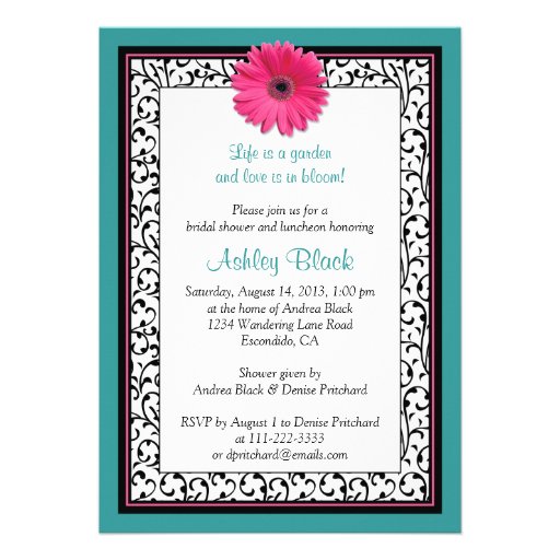 Teal Pink Gerbera Daisy Bridal Shower Invitation