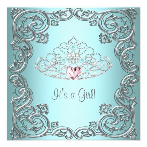 Teal Pink Heart Tiara Princess Baby Girl Shower Custom Invites