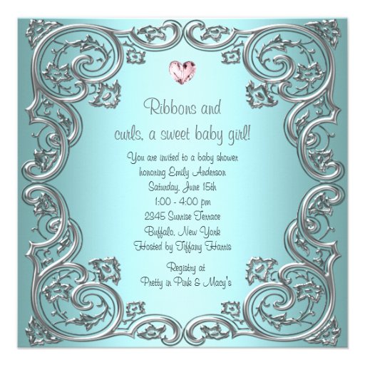 Teal Pink Heart Tiara Princess Baby Girl Shower Custom Invites