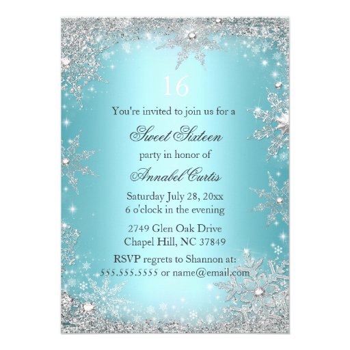 Teal Princess Winter Wonderland Sweet 16 Invite