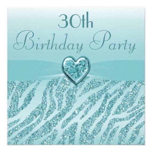 Teal Printed Heart & Zebra Glitter 30th Birthday Invite (front side)