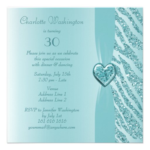 Teal Printed Heart & Zebra Glitter 30th Birthday Invite