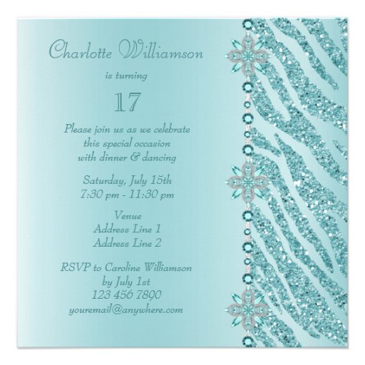 Teal Printed Jewels & Zebra Glitter 17th Birthday Announcement