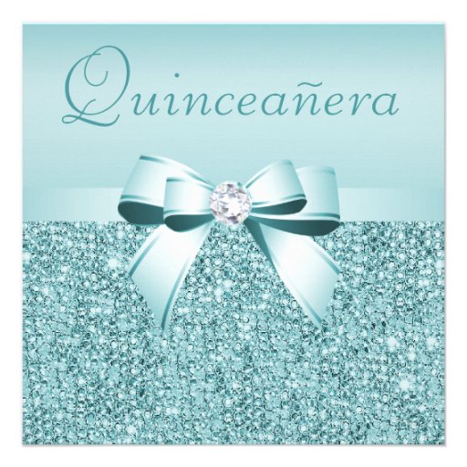 Teal Printed Sequins & Bow Quinceanera Invite (front side)