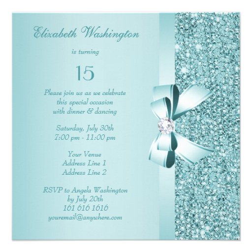 Teal Printed Sequins & Bow Quinceanera Invite