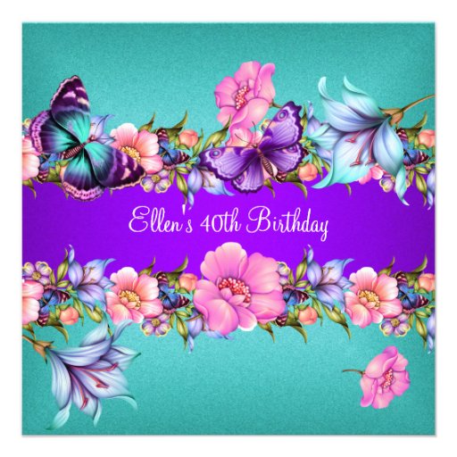 Teal Purple blue Pink Butterfly Birthday Party Custom Invitations