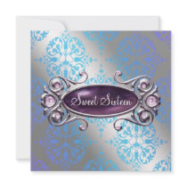 Teal Purple Damask Sweet 16 Birthday Party Announcement