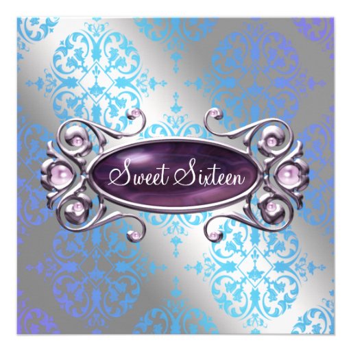 Teal Purple Damask Sweet 16 Birthday Party Announcement
