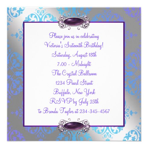 Teal Purple Damask Sweet 16 Birthday Party Announcement