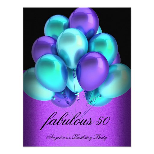 Teal Purple Fabulous Black Balloons Party Invite
