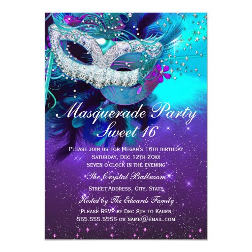 Teal Purple Feather Mask Masquerade Invitation | Zazzle
