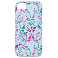 Teal Purple Pink Floral Flourish Swirls on Blue iPhone 5 Case