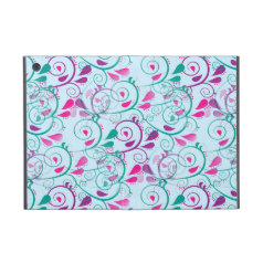 Teal Purple Pink Floral Flourish Swirls on Blue iPad Mini Cover