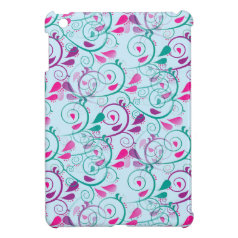 Teal Purple Pink Floral Flourish Swirls on Blue Case For The iPad Mini