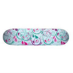 Teal Purple Pink Floral Flourish Swirls on Blue Skate Board Deck