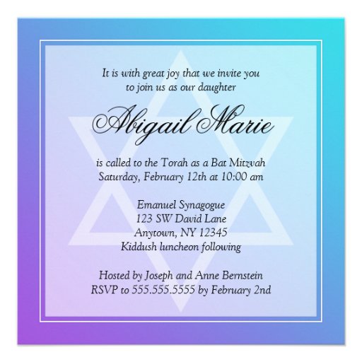 Teal Purple Star of David Bat Mitzvah Square Custom Invites
