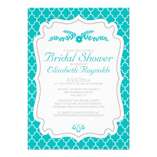 Teal Quatrefoil Bridal Shower Invitations