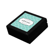 Teal quatrefoil clover leaf pattern personalized gift boxes