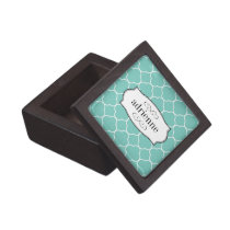Teal quatrefoil clover leaf pattern personalized premium gift boxes