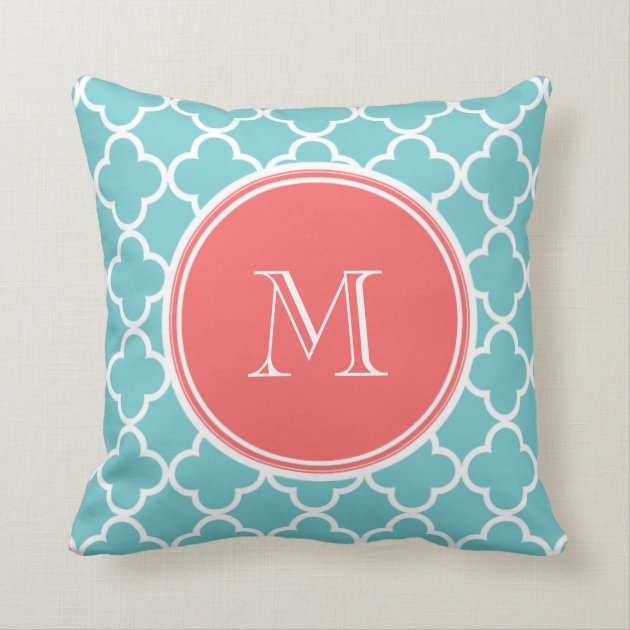 Teal Quatrefoil Pattern, Coral Monogram Pillow