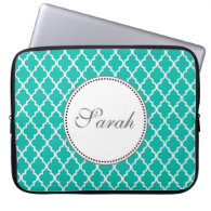 Teal quatrefoil pattern monogram laptop computer sleeves