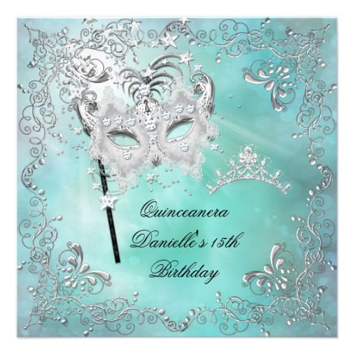 Teal Quinceanera 15th Birthday Tiara Masquerade Personalized Invitations