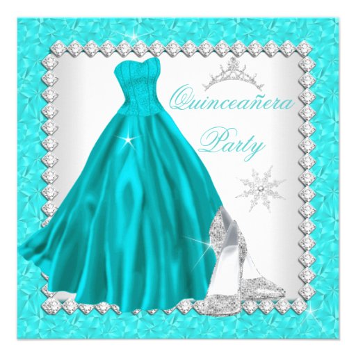 Teal Quinceanera 15th Diamond Birthday Party Personalized Invites