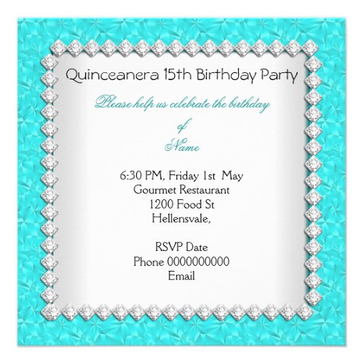 Teal Quinceanera 15th Diamond Birthday Party Personalized Invites