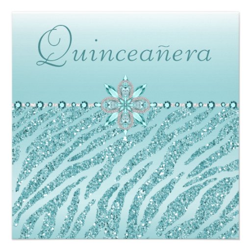 Teal Quinceanera Printed Jewels & Zebra Glitter Personalized Invite