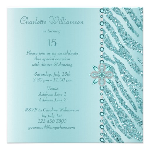 Teal Quinceanera Printed Jewels & Zebra Glitter Personalized Invite