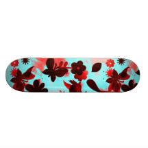 Teal Red Flowers Birds Butterflies Faded Grunge Skateboard Deck